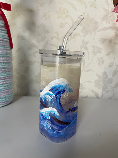 hand panited tumbler: The great wave of Kanagawa